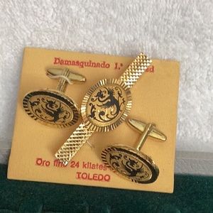 Vintage 24k Encrusted Cuff Links and Tie Clip from Toledo Spain . Never Used